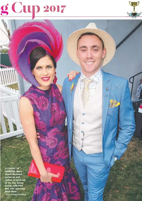  ?? Picture: MIKE DUGDALE ?? A COUPLE OF WINNERS: Men’s Classic Racewear runner-up and winner of Local Lad of the Day Danny Archer, with Peta Bell, who won Best Head Wear.