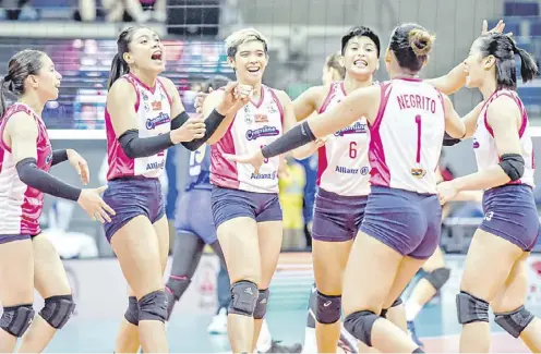  ?? PHOTOGRAPH COURTESY OF PVL ?? CREAMLINE celebrates after making short work of Capital1, 25-18, 25-14-, 25-15, in the Premier Volleyball League All-Filipino Conference yesterday at the Smart Araneta Coliseum.