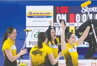  ?? JONATHAN HAywARD/THE CANADIAN PRESS ?? Manitoba skip Kerri Einarson, second from right, and her team, seen at the Scotties Tournament of Hearts, would have represente­d Canada at the now-cancelled curling worlds.