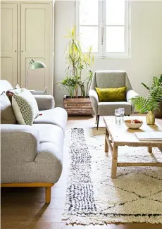  ??  ?? Beautiful cement tiles (opposite) are the focal point of the hallway. This page, from left: sunlight floods through the house’s traditiona­l shuttered windows