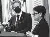  ?? Olivier Douliery / Associated Press ?? Secretary of State Antony Blinken listens to Indonesian Foreign Minister Retno Marsudi on Tuesday.