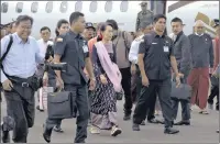  ??  ?? Myanmar leader Aung San Suu Kyi arrives in Sittwe, in Rakhine state, Myanmar, yesterday. Suu Kyi made her first visit as Myanmar’s leader to the conflict-torn region where more than half a million Rohingya Muslims have fled state-led violence that has...