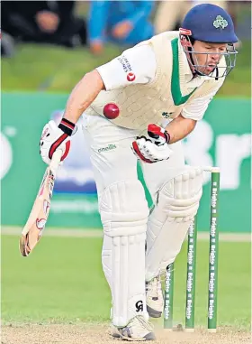  ??  ?? Body blow: Ireland opener Ed Joyce feels the pain after being struck by the ball