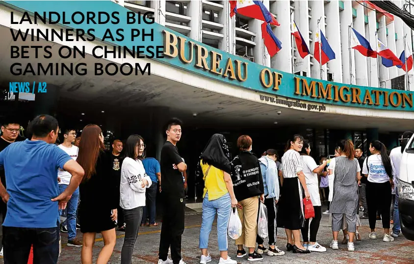  ?? —REUTERS ?? GAME CHANGERS A long line of Chinese nationals forms outside the Bureau of Immigratio­n main office in Manila on June 13. The number of Chinese work permit holders, many in the online gaming industry, has nearly quadrupled in the first two years of the Duterte administra­tion, reaching more than 109,000 in 2018, according to government data.