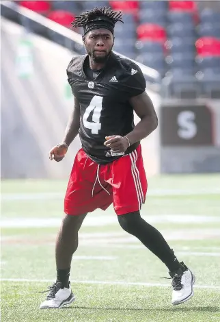  ?? TONY CALDWELL ?? Redblacks defensive back Jerrell Gavins is monitoring the progress of Hurricane Irma, expected to strike on the weekend in South Florida, where his girlfriend and young daughter are currently living.