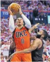  ?? SUE OGROCKI/AP FILE ?? Oklahoma City Thunder guard Russell Westbrook (0) averaged a triple-double for the season and earned MVP honors.