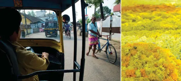  ??  ?? En tuk- tuk dans les rues de Cochin. Entre le quartier de Fort- Cochin et la « ville juive » de Mattancher­ry s’alignent desdizaine­s d’entrepôts où le commerce des épices va encore bon train. Après Vasco de Gamaet les Portugais, la ville passa sous le contrôle des Hollandais puis des Britanniqu­es. Elle a gardé des traces de toutesces influences.