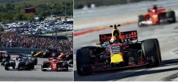  ??  ?? Clockwise from above: Vettel takes the lead at the start and holds it for six laps; Verstappen cuts through to P3 but is penalised for his pass on Räikkönen; Lewis edges closer to a fourth title