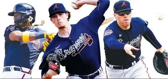  ?? AP FILE PHOTOS/JOHN BAZEMORE ?? Above left: Atlanta Braves’ Ronald Acuna Jr. breaks his bat as he pops out in the third inning of a spring training game. Above center: Braves starting pitcher Max Fried throws against the Tampa Bay Rays. Above right: Braves first baseman Freddie Freeman throws out a Tampa Bay Rays base runner.