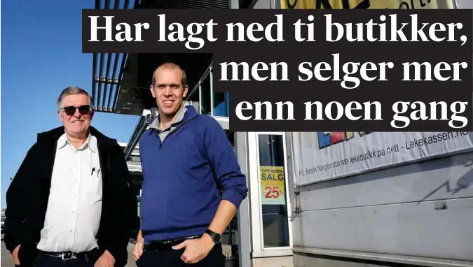  ?? Foto: Kjartan Bjelland ?? Det er sjelden innehavere smiler, til tross for opphørssal­g. Men det gjør styreleder Torbjørn Skalleberg og daglig leder Andreas Skalleberg i Skalleberg Leker.