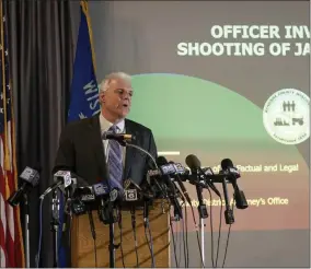  ?? MORRY GASH ?? Kenosha County District Attorney Michael Graveley speaks at a news conference Tuesday, Jan. 5, 2021, in Kenosha, Wis. Graveley announced that no charges will be filed against the white police officer that shot Jacob Blake, a Blackman in August.