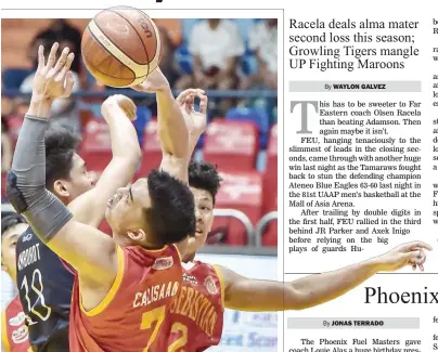  ??  ?? Letran’s Jeo Ambohot, left, gets entangled with San Sebastian’s Michael Calisaan, front, in late Tuesday’s NCAA Season 94 game at the Filoil Flying V Arena in San Juan City. Letran won 79-61 to clinch a Final Four slot after Lyceum and defending champion San Beda. (Kevin Tristan Espiritu)