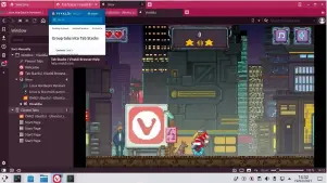  ??  ?? Besides innovative tab placements, if you visit vivaldi://game then you’ll get to play this thrilling side-scroller shoot ‘em up, featuring a cybernetic ninja riding a unicycle.