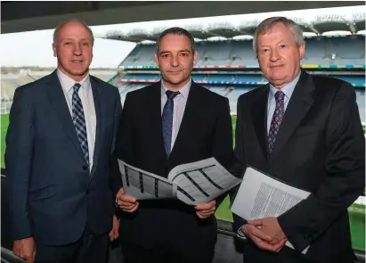  ?? EOIN NOONAN / SPORTSFILE ?? Central Competitio­ns Control Committee chairman George Cartwright, director of club player and games developmen­t Feargal McGill and director-general Paraic Duffy at the launch of the GAA’s 2018 Fixtures Master Plan, which has been thrown into disarray...