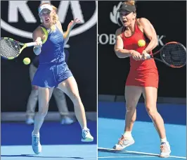  ??  ?? Simona Halep (R) hits a return against Angelique Kerber and (L) shows Caroline Wozniacki in action against Elise Mertens in the semi-finals on Thursday.