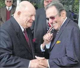  ?? Nick Ut The Associated Press ?? Don Rickles, left, and Norm Crosby arrive for a ceremony honoring comedian Milton Berle at Hillside Memorial Park and Mortuary in Los Angeles on April 1, 2002. Crosby died Saturday of heart failure in Los Angeles.