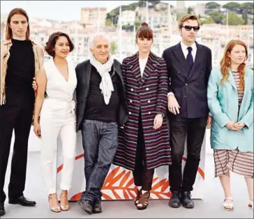  ?? CHRISTOPHE SIMON/AFP ?? French actor Baptiste Pinteaux, Franch set decorator Laura Poulvet, French actor Marc Susini, Spanish actress Montse Triola, Spanish film director Albert Serra and French actress Iliana Zabeth pose during a photocall for the film Liberte at the 72nd edition of the Cannes Film Festival in Cannes on Saturday.