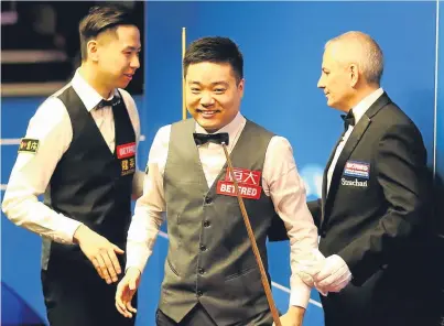  ?? Picture: Getty Images. ?? A smiling Ding Junhui after winning his first round match against Xiao Guodong on day four at the Crucible.