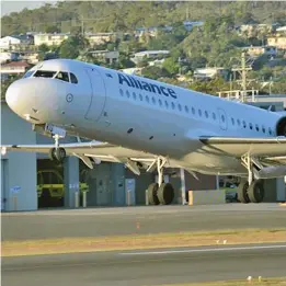  ?? ?? An Alliance Fokker departs Gladstone, Australia.
