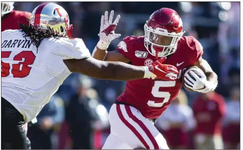  ?? (Special to the NWA Democrat-Gazette/David Beach) ?? Running back Rakeem Boyd averaged 6.0 yards per carry for Arkansas in 2018 and 2019, but he dropped to 3.8 ypc last season before opting out with two games remaining. CBSSports projects him as a seventh-round draft pick.