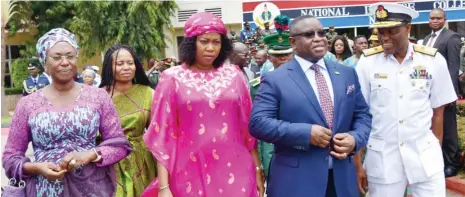  ?? Photo: NAN ?? From left: Permanent Secretary, Federal Ministry of Defence, Mrs Naratu Batagarawa; First Lady of Sierra Leone, Mrs Fatima Maada Bio; President Julius Maada Bio of Sierra Leone; and Commandant, National Defence College (NDC), Rear Adm. Mackson Kadiri, during the graduation lecture of NDC Course 27, delivered by President Bio, in Abuja yesterday.