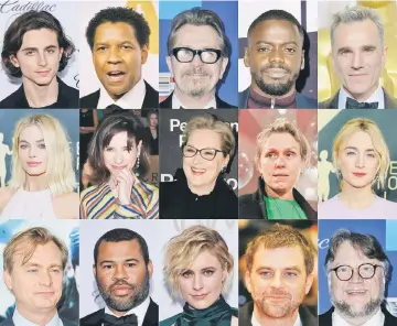  ??  ?? Combinatio­n of photos shows (top row) best actors nominees (from left) Chalamet, Washington, Oldman, Kaluuya and Day-Lewis; (middle row, from left) Robbie, Hawkins, Streep, McDormand and Ronan; (bottom row, from left) best director nominees Nolan, Peele, Gerwig, Anderson and del Toro. — AFP file photos