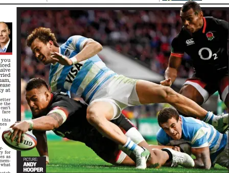  ?? PICTURE: ANDY HOOPER ?? Bright spot: Nathan Hughes crosses to score for England — one of the few highlights of a drab affair at Twickenham