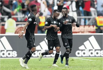  ?? /GALLO IMAGES/ANESH DEBIKY ?? Orlando Pirates trio Innocent Maela, Justin Shonga and Augustine Mulenga celebrate during the Telkom Knockout semi-final match Kaizer Chiefs.