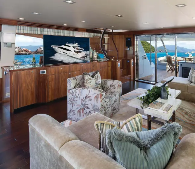  ??  ?? above: Warm, glossy walnut throughout the salon is brought to life by natural light. opposite ( top to
bottom): The master suite spans the full beam; Plenty of room for entertaini­ng on the main deck aft; A fold-out terrace opens from the salon; A...