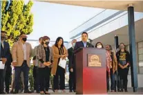  ?? KRISTIAN CARREON ?? Chula Vista Councilmem­ber Stephen Padilla addresses antisemeti­c and homophobic vandalism at Bonita Vista High.