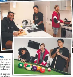  ?? Pictures: ALISON WYND ?? KICKING BACK: Quinton Narkle, Brandan Parfitt and Esava Ratugolea in the indigenous jumpers designed by Narkle, which the Cats will wear today against the Blues; and (inset) in the kitchen and shooting pool at the share house.