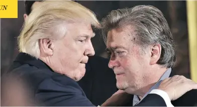  ?? MANDEL NGAN / AFP / GETTY IMAGES ?? President Donald Trump embraces Stephen Bannon at the swearing-in of senior White House staff just over a year ago.