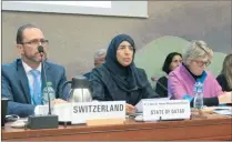  ??  ?? Minister of Public Health Dr Hanan Mohammed al Kuwari (centre) at a symposium held on the sidelines of the WHO World Health Assembly meeting in Geneva on Wednesday.