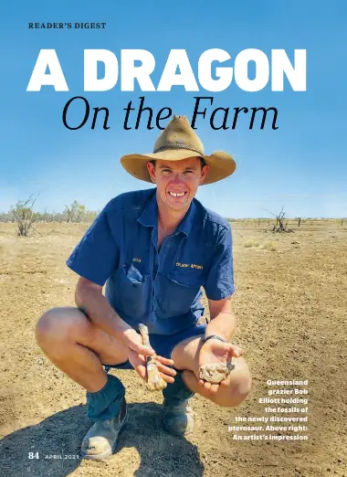  ??  ?? Queensland grazier Bob Elliott holding the fossils of the newly discovered pterosaur. Above right: An artist’s impression