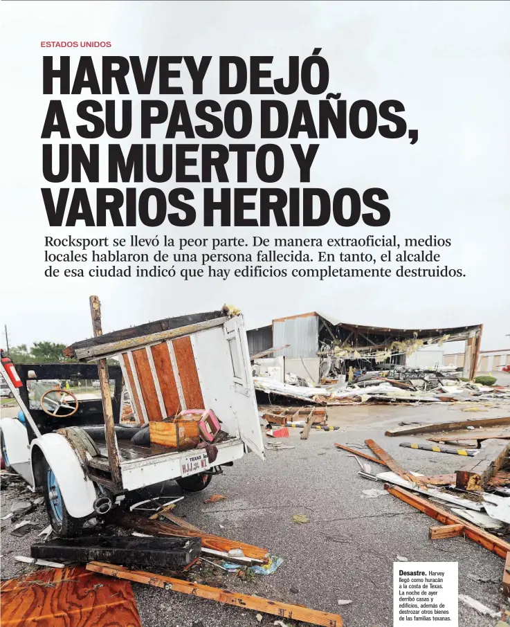  ?? AP/ LA PRENSA ?? Desastre. Harvey llegó como huracán a la costa de Texas. La noche de ayer derribó casas y edificios, además de destrozar otros bienes de las familias texanas.