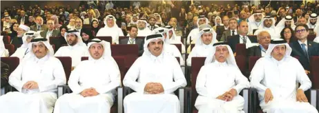  ??  ?? His Highness the Amir Sheikh Tamim bin Hamad al-Thani attending the launch of the web portal of the Doha Historical Dictionary of Arabic yesterday. The ceremony was attended by HE the Prime Minister and Minister of Interior Sheikh Abdullah bin Nasser bin Khalifa al-Thani, HE Advisory Council Speaker Ahmed bin Abdullah bin Zaid al-Mahmoud and a number of ministers, senior officials, academics and intellectu­als, experts and linguists from Arab countries.