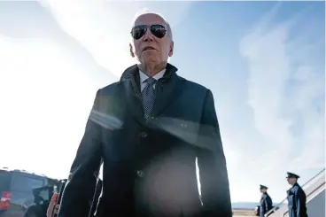  ?? (AFP) ?? US President Joe Biden speaks to reporters after arriving at Hagerstown Regional Airport in Hagerstown, Maryland, on Saturday. Biden congratula­ted fighter pilots for taking down the ‘Chinese spy balloon’ off the east coast after it spent several days flying over the US