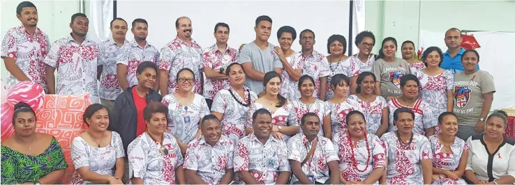  ??  ?? A Rheumatic Heart Disease(RHD) patient, Iowane Cavuilati (backrow middle) with medical practition­ers during the World Heart Day campaign observed at the Colonial War Memorial (CWM) Auditorium on September 29, 2020.