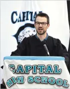  ??  ?? Eric Brayden, the 2017 Jaguar Teacher of the Year, addresses the Capital High School Class of 2017 at the school’s 29th commenceme­nt ceremony last month.