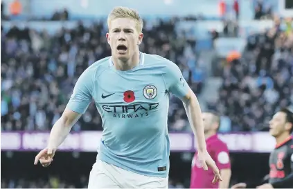  ?? Picture: EPA-EFE ?? ON THEIR WAY. Manchester City’s Kevin de Bruyne celebrates after scoring the opening goal during their English Premier League against Arsenal at the Etihad yesterday.
