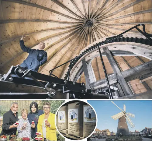  ?? PICTURE: DANNY LAWSON/PA WIRE. ?? FLOUR POWER: Holgate Windmill Preservati­on Society founding trustee Stephen Potts inside the windmill; flour produced by the mill and the Bake Off team.