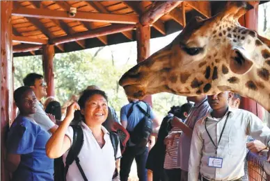  ?? XINHUA ?? A Chinese tourist looks at a giraffe in Nairobi, the capital of Kenya.