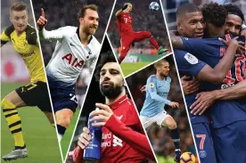  ??  ?? Left to right: Dortmund’s Marco Reus; Tottenham’s Christian Eriksen; Livepool Mohamed Salah, Bayern’s Arjen Robben; Manchester City’s David Silva; PSG’s Kylian Mbappé, Neymar and Edinson Cavani. Composite: AFP/Getty/REX/Action Images