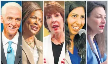  ??  ?? Democrats frequently mentioned as potential gubernator­ial candidates include Congressma­n Charlie Crist, from left, Congresswo­man Val Demings, former Congresswo­man Gwen Graham, state Rep. Anna Eskamani and Agricultur­e Commission­er Nikki Fried.