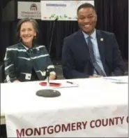  ?? MEDIANEWS GROUP FILE PHOTO ?? Montgomery County Commission­ers’ Chairwoman Valerie Arkoosh, left, and Vice Chairman Kenneth Lawrence Jr. visit Pottstown last year on their annual Listening Tour. The two are seeking re-election to the board.