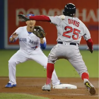  ?? RICK MADONIK/TORONTO STAR ?? Ex-Jay Rajai Davis catches a break when first baseman Justin Smoak’s throw to Darwin Barney nails him in the shoulder on a successful steal attempt after a pickoff in Tuesday night’s game. Davis swiped two bags on the night.