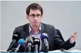  ?? —AFP ?? PARIS: Quentin Guillemain, president of the victim’s associatio­n of the Lactalis baby milk products contaminat­ed with Salmonella gives a press conference in Paris.