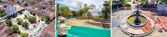  ?? FOTOS EL COLOMBIANO ?? De izquierda a derecha, tres momentos del proceso: al comienzo de la obra, cuando se retiró el piso y la intervenci­ón a la fuente de la Garza.