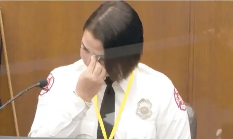  ?? COURT TV ?? In this image from video, Minneapoli­s Firefighte­r Genevieve Hansen wipes her eyes as she testifies Tuesday during the trial of former police Officer Derek Chauvin. Hansen said she wasn’t allowed to provide medical assistance to George Floyd.