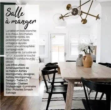  ??  ?? LES INFOS UTILES : Aménagemen­t de la maison Ashley Montgomery, designer, Ashley Montgomery Design • Table LD Shoppe • Chaises Stylegarag­e • Luminaire Elte • Poteries Smash Salvage